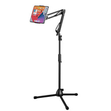 Load image into Gallery viewer, Universal Tripod Floor Stand with 360° Flexible Scissor Boom Arm Extendable to Height 180cm for Phone or Tablet