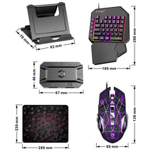 Load image into Gallery viewer, T-WOLF PUB G 5-in-1 Ergonomic LED Keyboard, Gaming LED Mouse, Converter Phone Holder with Mouse Pad Design