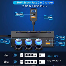 Load image into Gallery viewer, Car Cigarette Lighter Adapter QC&PD 3.0, 120W/180W 12V/24V USB Car Charger Adapter 3 Socket Cigarette Lighter Splitter with LED Voltmeter, 6 Fast Charging Ports, Safe Protection for iPhone,iPad,Laptop