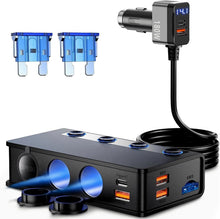 Load image into Gallery viewer, Car Cigarette Lighter Adapter QC&PD 3.0, 120W/180W 12V/24V USB Car Charger Adapter 3 Socket Cigarette Lighter Splitter with LED Voltmeter, 6 Fast Charging Ports, Safe Protection for iPhone,iPad,Laptop