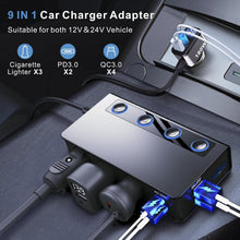 Load image into Gallery viewer, Car Cigarette Lighter Adapter QC&PD 3.0, 120W/180W 12V/24V USB Car Charger Adapter 3 Socket Cigarette Lighter Splitter with LED Voltmeter, 6 Fast Charging Ports, Safe Protection for iPhone,iPad,Laptop