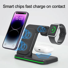 Load image into Gallery viewer, 15W Fast Charge 3 in 1 Wireless Charger, Foldable Wireless Charging Station for iPhone, iWatch and Airpods