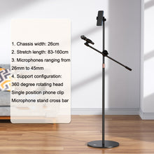 Load image into Gallery viewer, Universal Mobile Phone Stand Aluminum Alloy Height Extendable 83cm~160cm Sturdy Base 26cm Diameter with Microphone Boom Arm