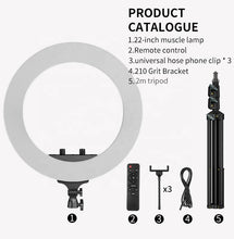 Load image into Gallery viewer, 56CM/22 Inch LED Ring Light, 3 Color Dimmable, with Remote & Tripod Stand Extendable to 2.1 Meter
