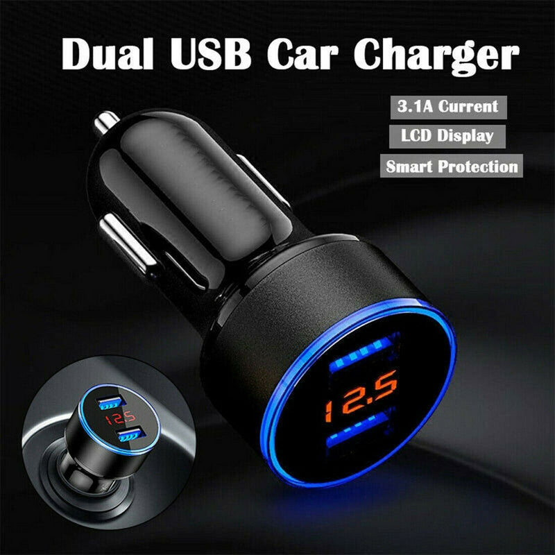 Dual USB Car Cigarette Lighter Charger 2 Port LCD Display 12-24V Car Lighter Socket with 1 to 3 USB Charging Cable