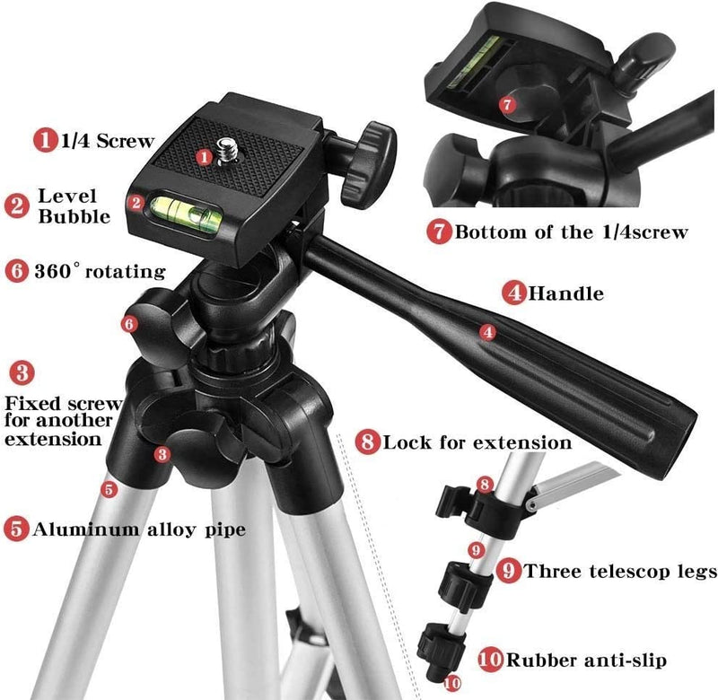 Light Weight Portable Aluminum Tripod Stand & Phone Bracket for Phone & Camera (Below 2kg) Height: 33~103cm