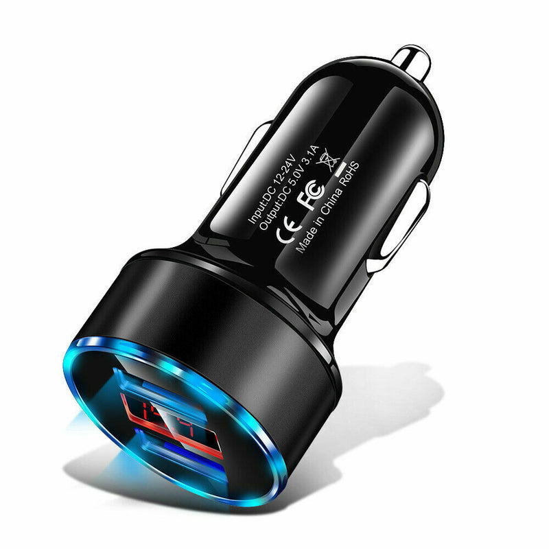 Dual USB Car Cigarette Lighter Charger 2 Port LCD Display 12-24V Car Lighter Socket with 1 to 3 USB Charging Cable