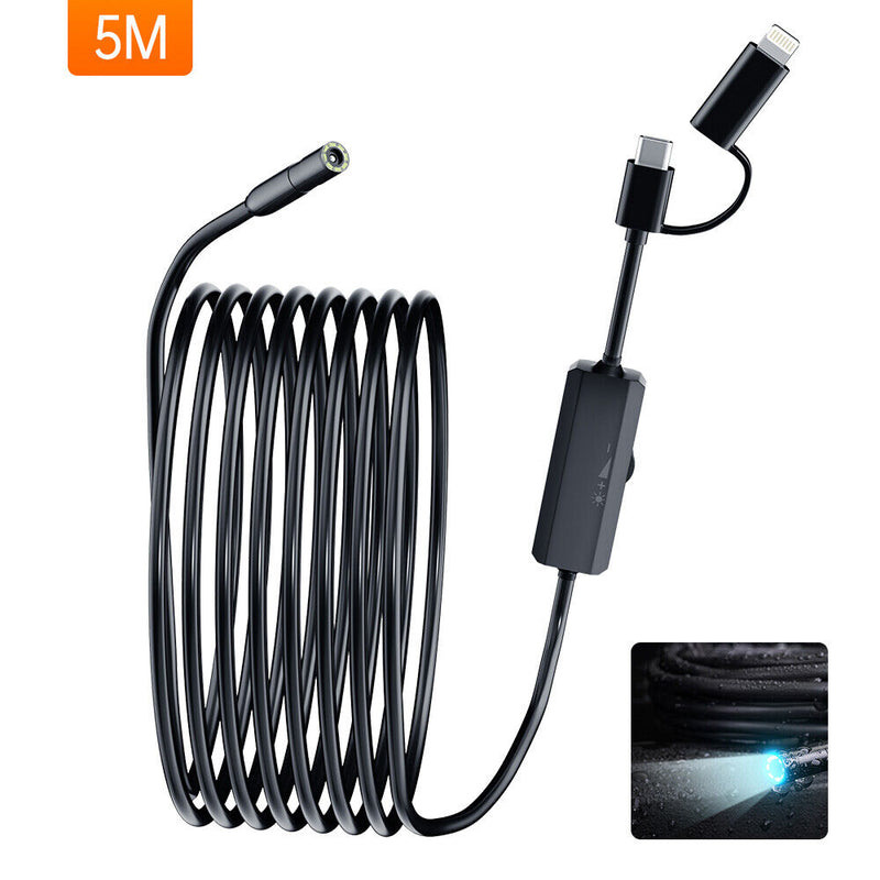 USB-C & Lightning 2 in 1 Direct Plug To iPhone 15 Android iOS Borescope Endoscope Inspection Camera - 5.0 Meter Soft Wired