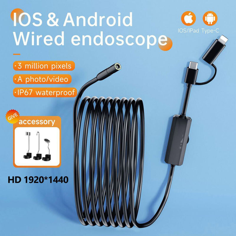 USB-C & Lightning 2 in 1 Direct Plug To iPhone 15 Android iOS Borescope Endoscope Inspection Camera - 5.0 Meter Hard Wired