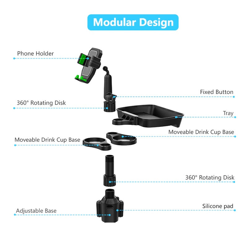 MAILUZHE Car Cup Holder 4 in 1 Holder Tray 360° Rotating Auto Drink Food Table with Dual Cup Holder, Phone Holder, 360°Rotation Adjustable Base, Road Trip Essentials Car Accessories (B06)