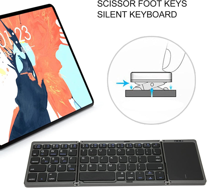 Bluetooth Wireless Rechargeble Folding Keyboard with Touch Pad 64 Keys USB C Charging