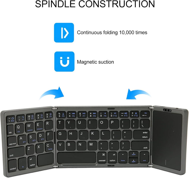 Bluetooth Wireless Rechargeble Folding Keyboard with Touch Pad 64 Keys USB C Charging