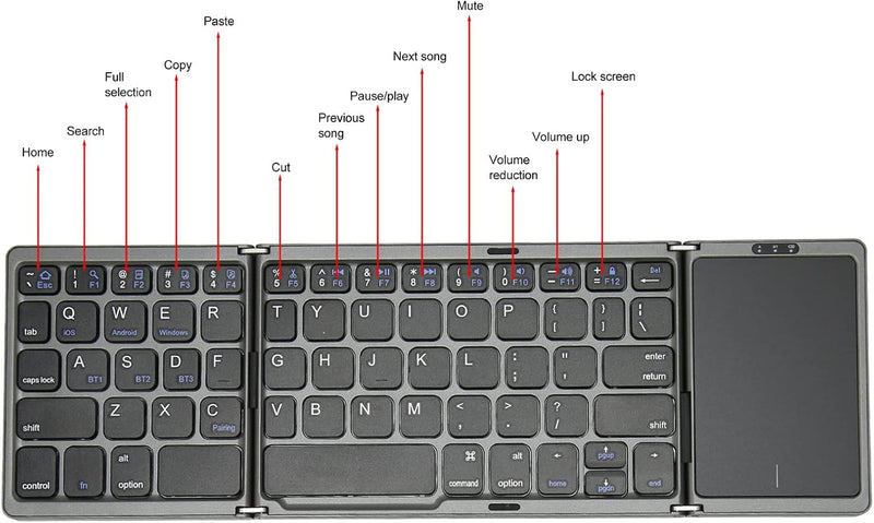 Bluetooth Wireless Rechargeble Folding Keyboard with Touch Pad 64 Keys USB C Charging