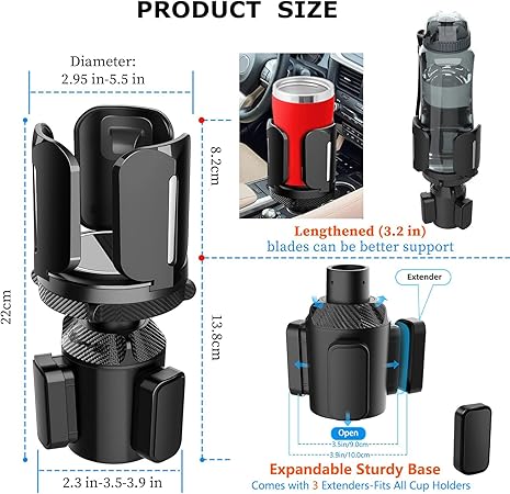 Car Cup Holder Expander for Car,Upgraded Expandable Car Cup Holder Adapter with Adjustable Expander Base, Large Bottles Coffee Mug & Big Drinks(Black)