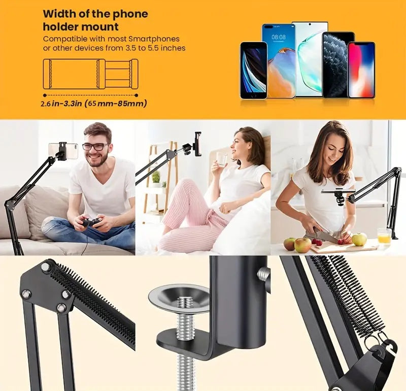 360° Boom Arm Flexi Adjustment Mobile Phone Holder Table for Desk, Broadcast, Kitchen, Bedroom