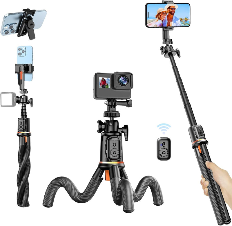 Flexible Octopus Telescopic Pole Tripod Detachable Phone Selfie Holder with Cold Shoe Mount, Bluetooth Extendable 41cm to 64cm