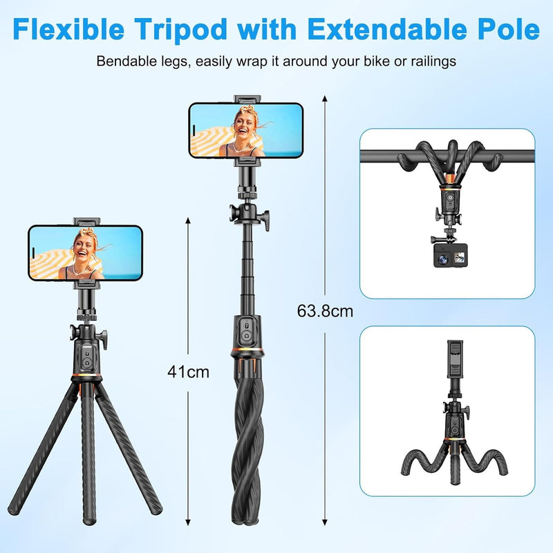 Flexible Octopus Telescopic Pole Tripod Detachable Phone Selfie Holder with Cold Shoe Mount, Bluetooth Extendable 41cm to 64cm