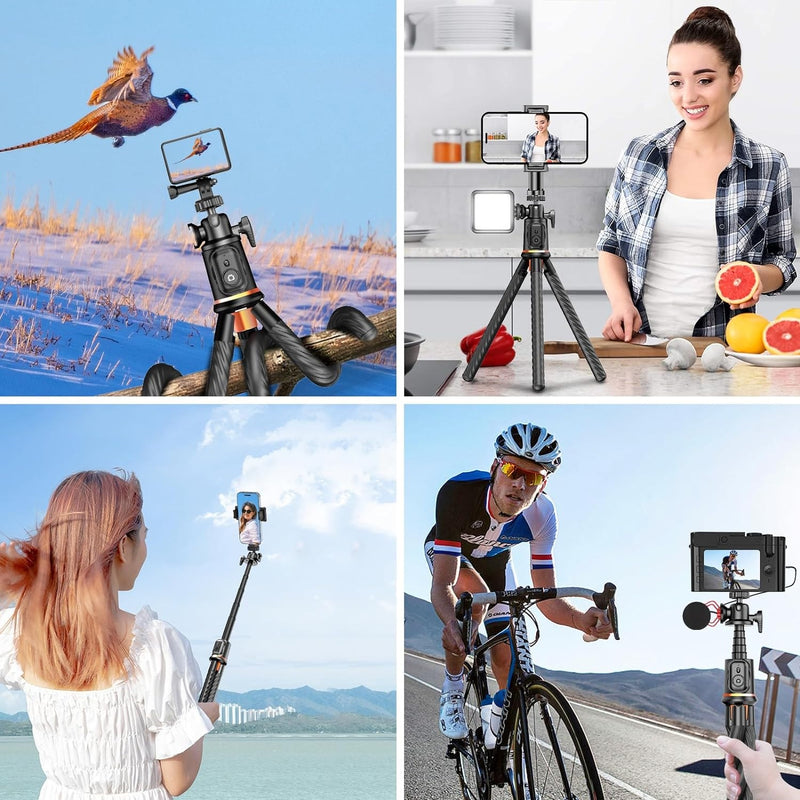 Flexible Octopus Telescopic Pole Tripod Detachable Phone Selfie Holder with Cold Shoe Mount, Bluetooth Extendable 41cm to 64cm