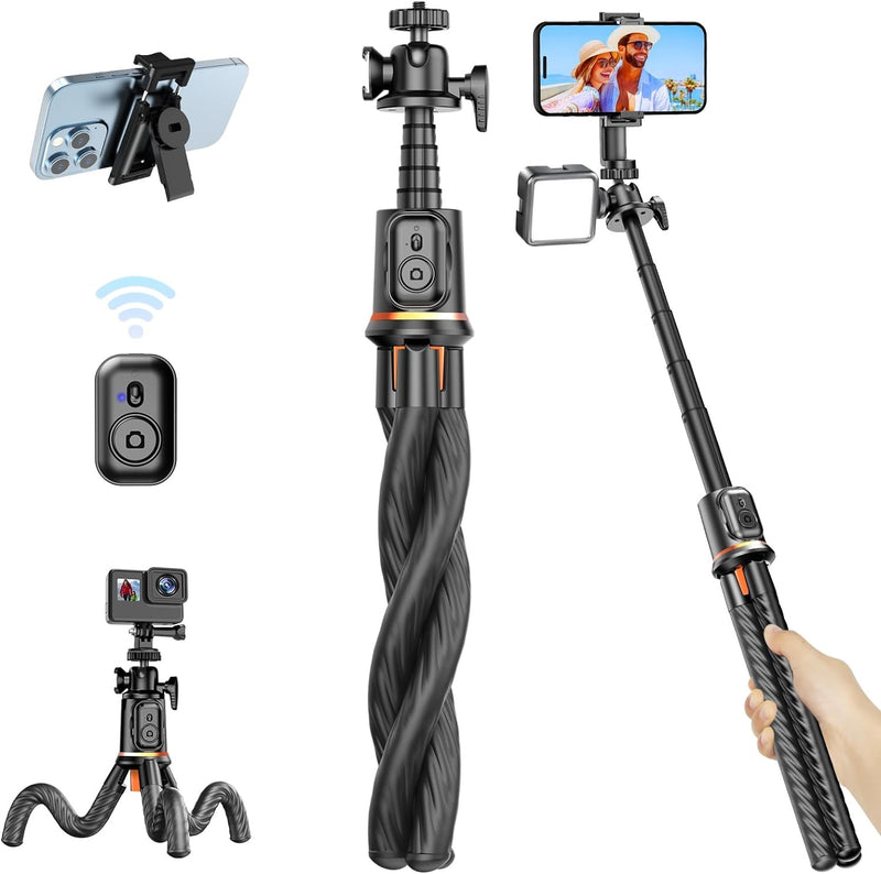 Flexible Octopus Telescopic Pole Tripod Detachable Phone Selfie Holder with Cold Shoe Mount, Bluetooth Extendable 41cm to 64cm