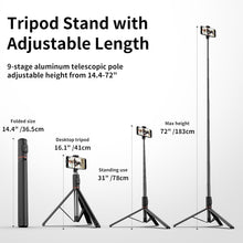 Load image into Gallery viewer, All in 1 Hidden Selfie Stick Tripod 1.82m Portable Phone Tripod Aluminum Alloy Cold Shoe Tripod
