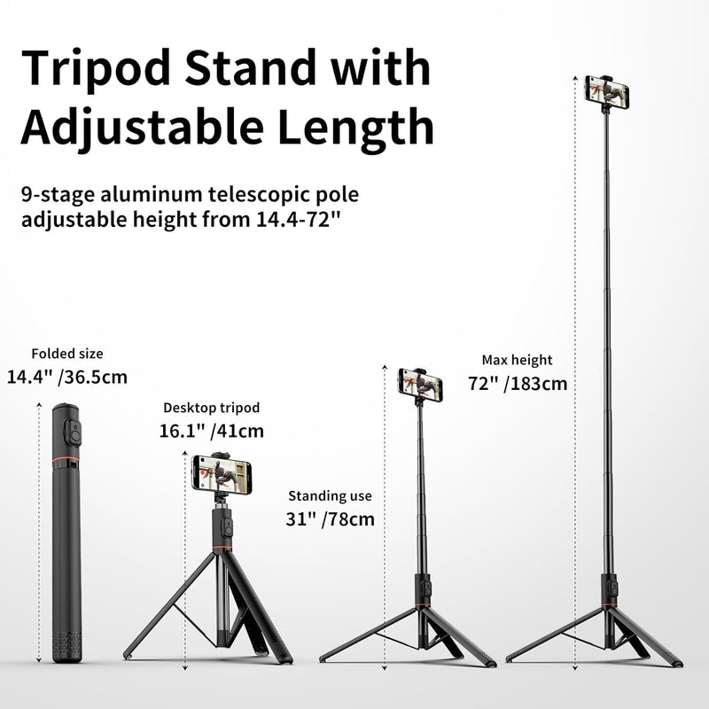 All in 1 Hidden Selfie Stick Tripod 1.82m Portable Phone Tripod Aluminum Alloy Cold Shoe Tripod