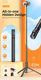 All in 1 Hidden Selfie Stick Tripod 1.82m Portable Phone Tripod Aluminum Alloy Cold Shoe Tripod