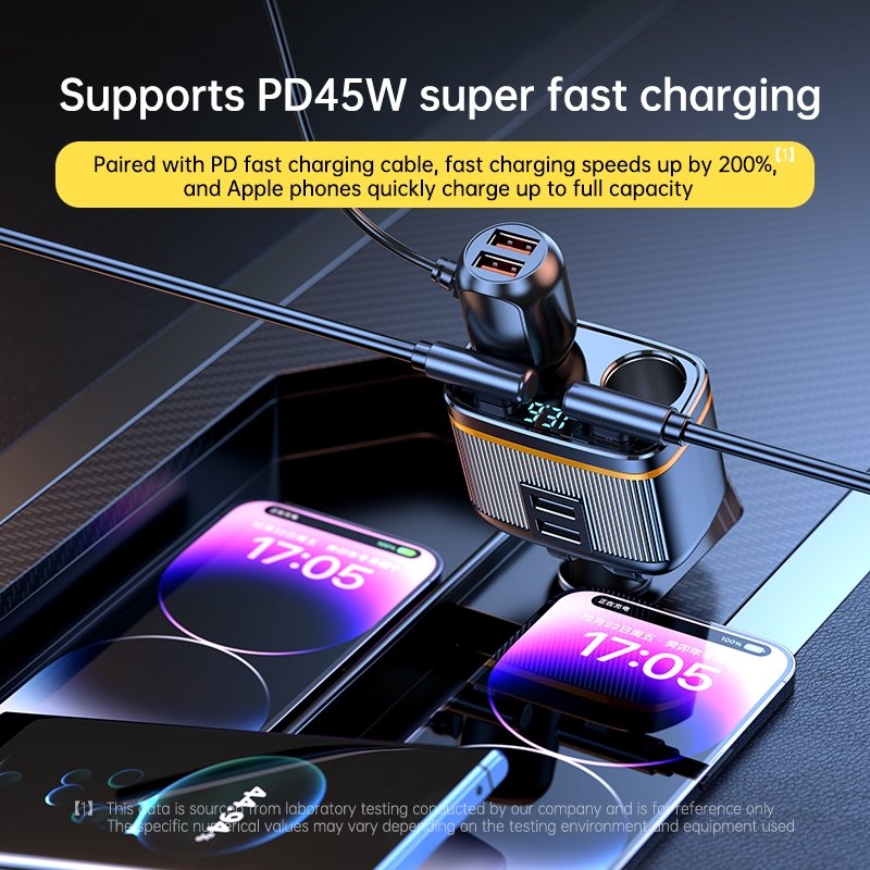 6 in 1 Car Charger 2 Sockets PD45W Type-Cx2+USBx2 Car Cigarette Lighter Fast Charging Charger