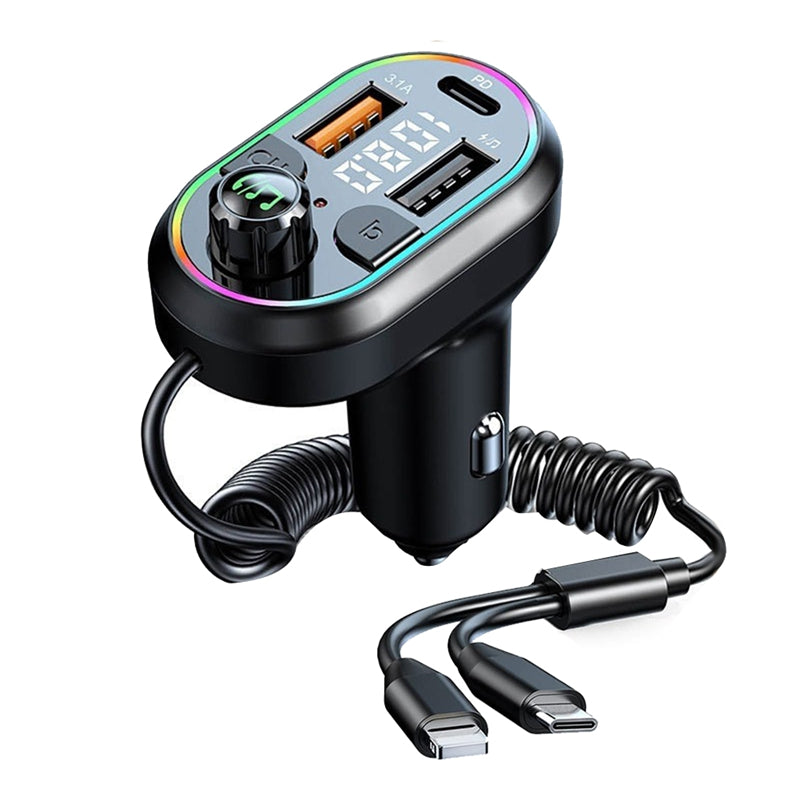 Car FM Transmitter Wireless Audio Receiver Auto ABS MP3 Player w Type-C & Lightning Charging Cable