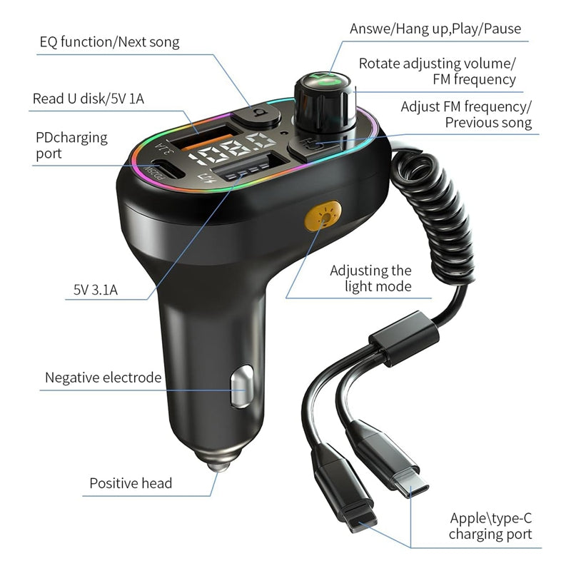 Car FM Transmitter Wireless Audio Receiver Auto ABS MP3 Player w Type-C & Lightning Charging Cable