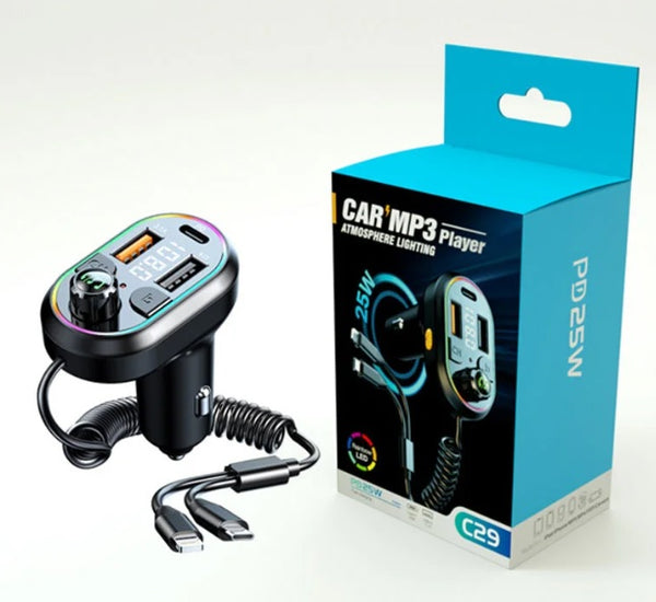 Car FM Transmitter Wireless Audio Receiver Auto ABS MP3 Player w Type-C & Lightning Charging Cable