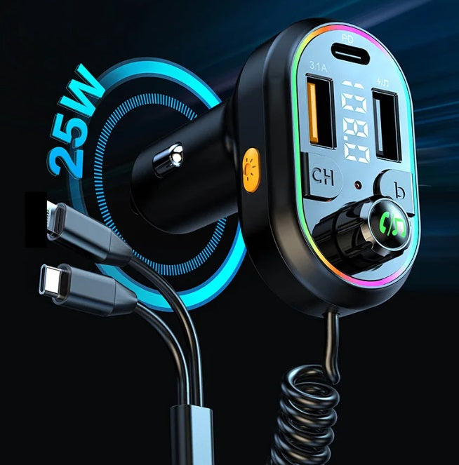 Car FM Transmitter Wireless Audio Receiver Auto ABS MP3 Player w Type-C & Lightning Charging Cable