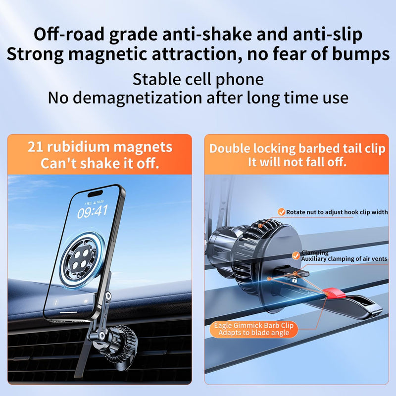 360° Rotatable Aluminum Air Vent Car Phone Holder Support Magnetic & Magsafe with Flexible Expansion Arm