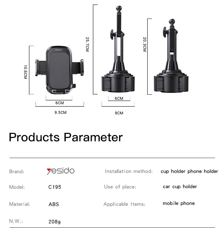 YESIDO C195 360 Degrees Rotating 4-6.7 inch Phone Bracket for Car Cup Holder Stand