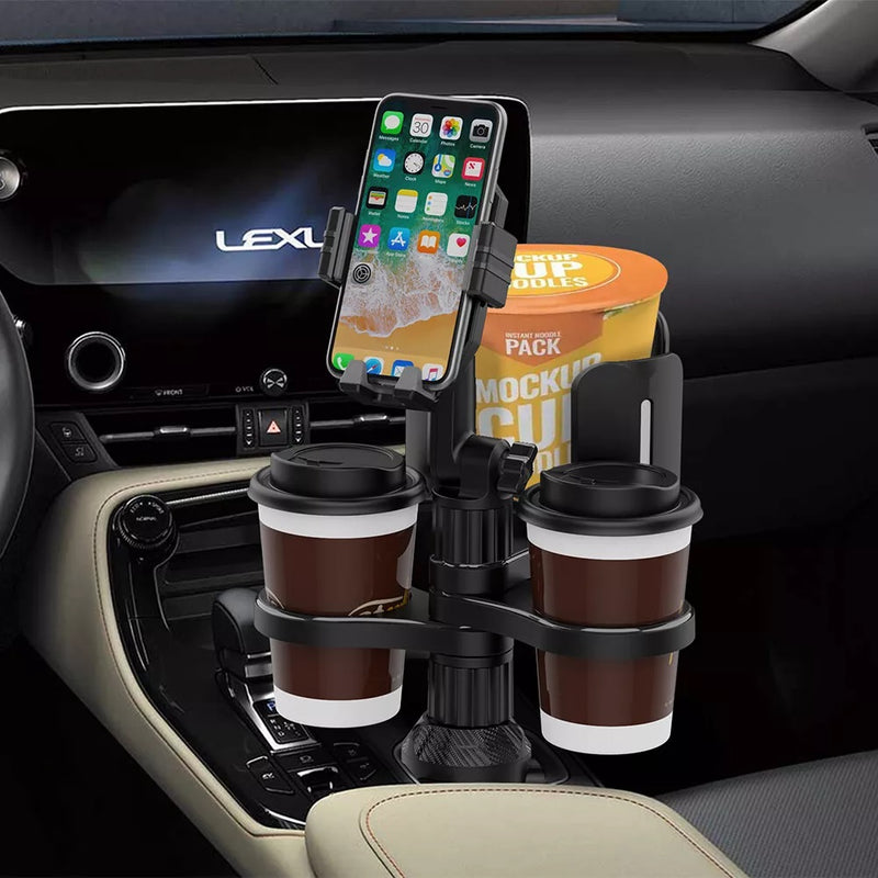 MAILUZHE Car Cup Holder 4 in 1 Expander Tray,Detachable Car Food Tray Retractable with Dual Cup Holder, Phone Holder, 360°Rotation Adjustable Base, Road Trip Essentials Car Accessories (D04)