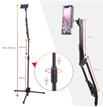 Load image into Gallery viewer, Universal Tripod Floor Stand with 360° Flexible Scissor Boom Arm Extendable to Height 180cm for Phone or Tablet
