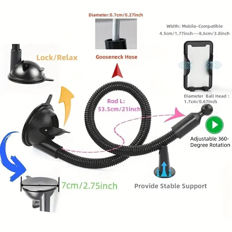 Universal Flexible Bendable 52cm Extra Long Goose Neck Phone Mount with Touch Clamp Holder for Car Windshield