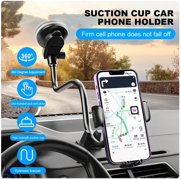 360° 38cm Flexible Goose Neck One Touch Phone Bracket up to 9cm for Car Windshield & Dashboard Adjustable Various Viewing Angles
