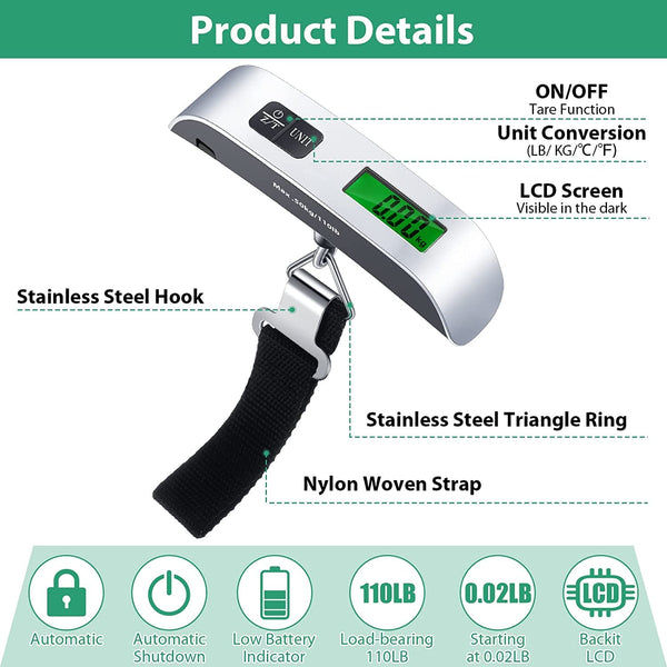 Digital Luggage Scale, Suitcase Weight  Scales with Backlight LCD Display, 110lb/50kg Hanging Baggage Scale for Travel Accessories Essentials (Included Battery)