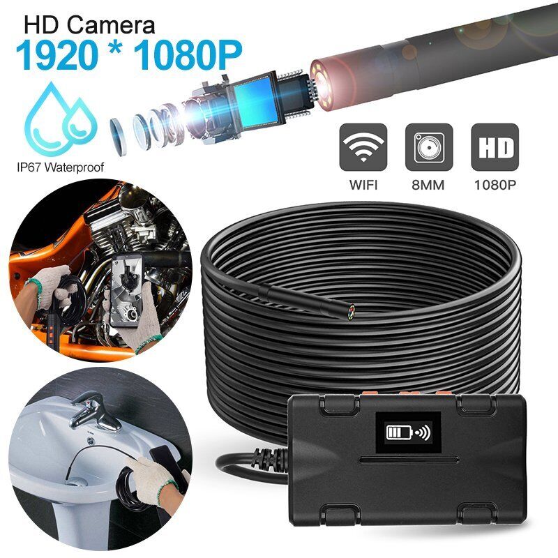 Endoscope HD Camera 8MM 1080P WIFI Hard Wire IP67 Waterproof 8LED 2600mAh Battery Inspection Snake Borescope For Android IOS - 5.0 Meter Hardwire