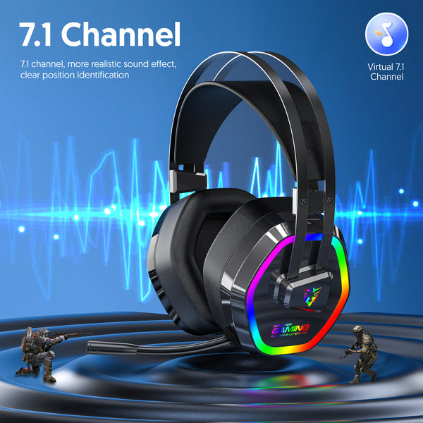 USB 7.1 Channel Gaming Headset with Microphone Big Earmuffs RGB LED Light for Desktop/Laptop