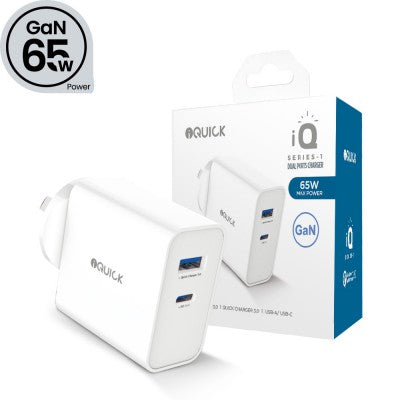 iQuick GaN 65W PD3.0+QC3.0 Fast Charging Adapter for iPhone and Android 1PD Type C & QC 3.0 Port