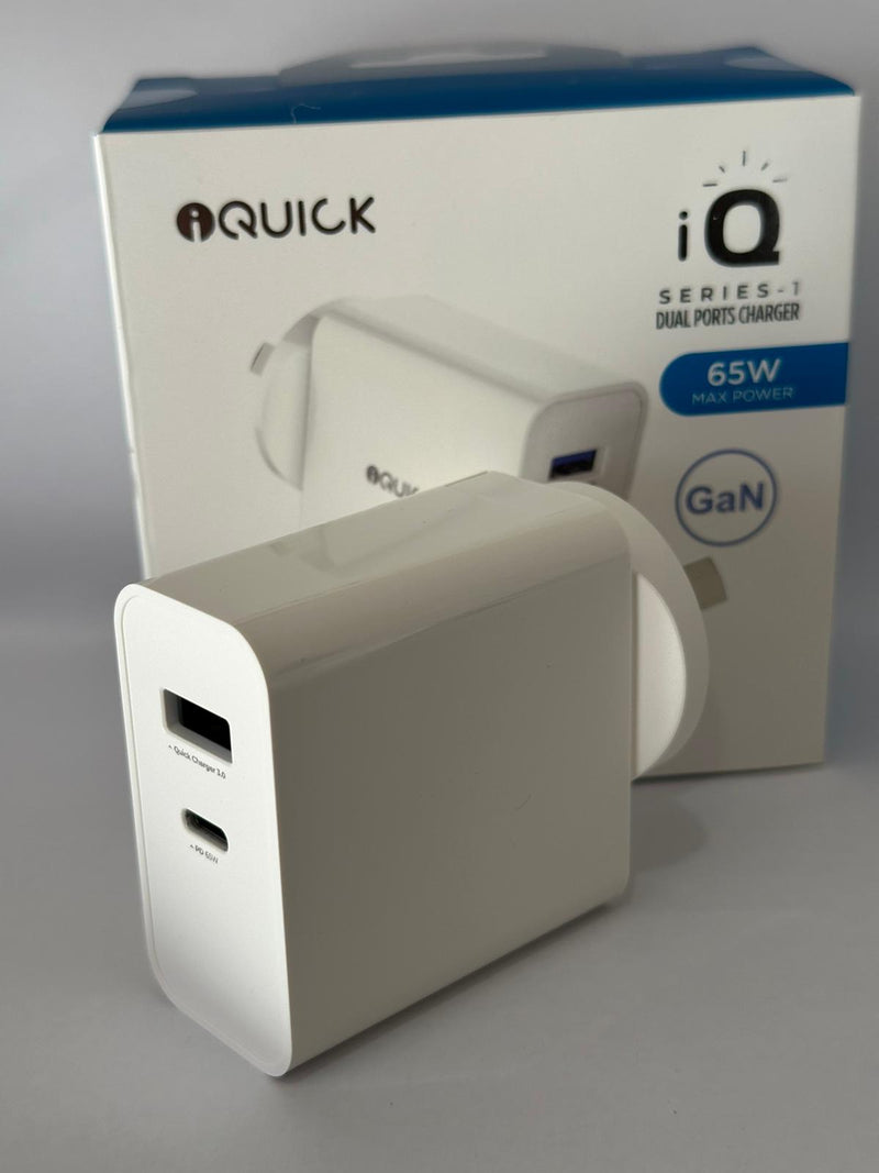 iQuick GaN 65W PD3.0+QC3.0 Fast Charging Adapter for iPhone and Android 1PD Type C & QC 3.0 Port