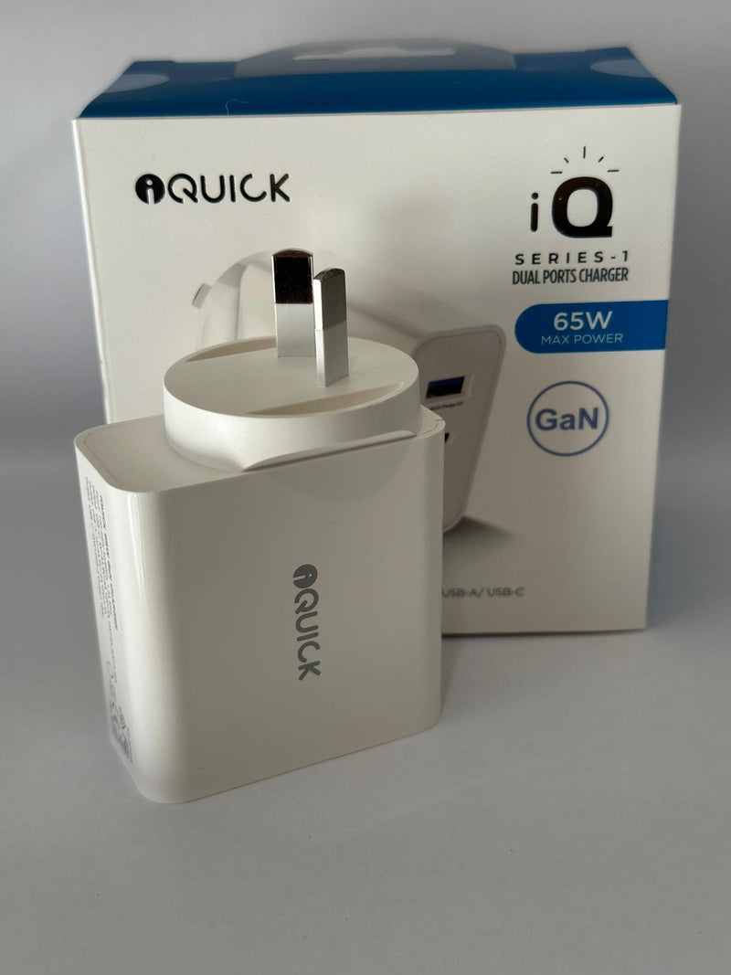 iQuick GaN 65W PD3.0+QC3.0 Fast Charging Adapter for iPhone and Android 1PD Type C & QC 3.0 Port