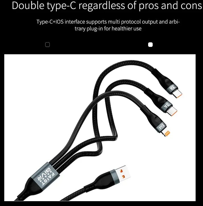 AIVR USB to iOS+Type-C+Type-C for iPhone, Samsung Charging Cable 3 in 1 4A Max Output 1.0 Meter