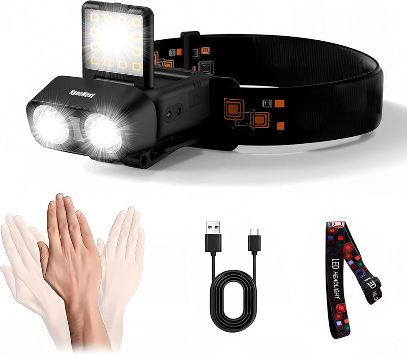 Headlamp Head Torch Rechargeable, Super Bright Lightweight Waterproof LED Headlight Motion Sensor