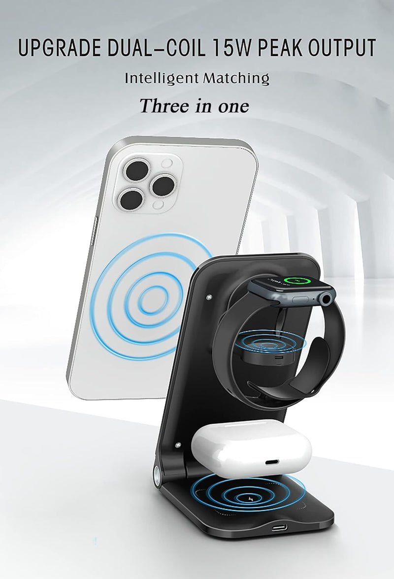 Qi 15 Watts 3 in 1 Foldable Double Coil Wireless Charger Fast Charging for iPhone Earphone iWatch