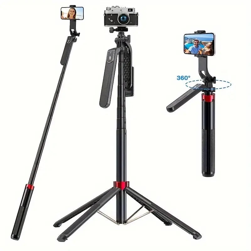 Selfie Stick Tripod Extendable 30cm-185cm, Portable Camera Tripod, All In One Extendable Phone Tripod Stand With Wireless Remote 360° Rotation For Video Recording, Vlogging, Live Streaming, Universal 1/4 Nut Connector For Camera