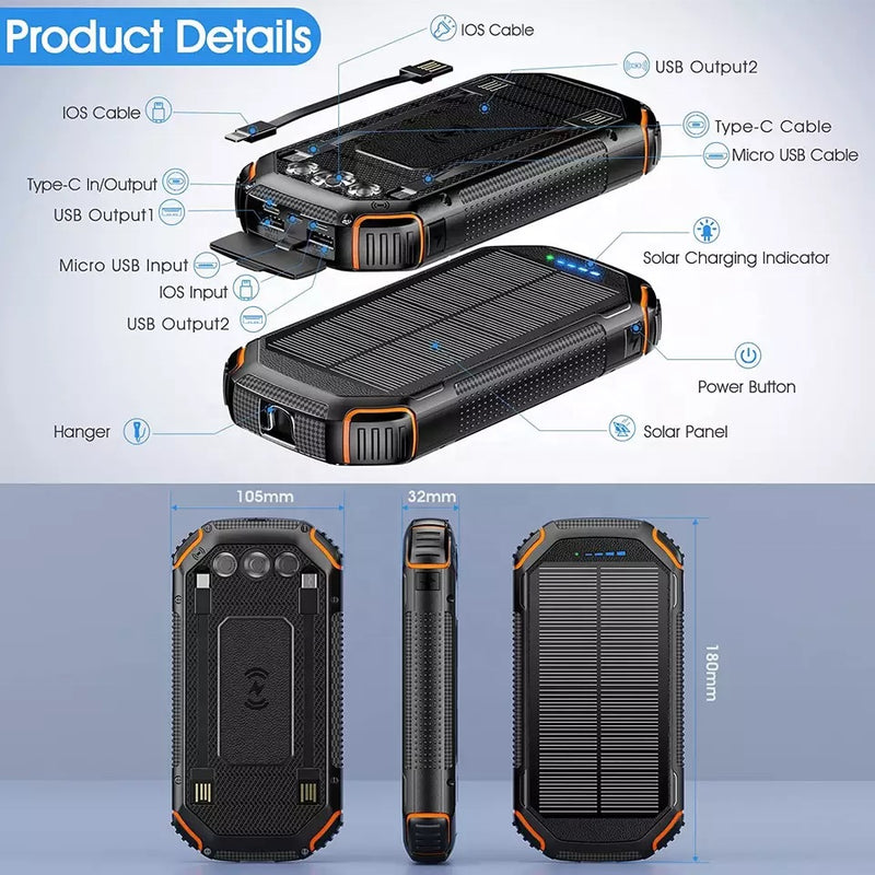 30000mAH PD20W QC3.0 Fast Charge & Wireless Charging Solar Power Bank Built in Cables with LED Lights