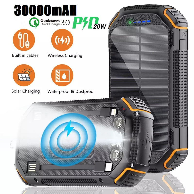 30000mAH PD20W QC3.0 Fast Charge & Wireless Charging Solar Power Bank Built in Cables with LED Lights