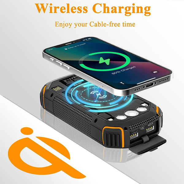 30000mAH PD20W QC3.0 Fast Charge & Wireless Charging Solar Power Bank Built in Cables with LED Lights